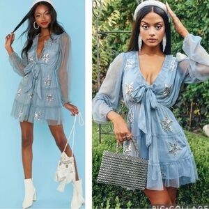 NWOT Show me your mumu Gray Blue Sequin Star Chiffon Magic Mini Dress